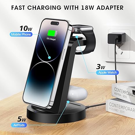3 in 1 Charging Station for iPhone, Wireless Charger for iPhone 17 16e 16 15 14 13 12 11 X Pro Max & Apple Watch - Wireless Charging Station for AirPods 4 3 Pro