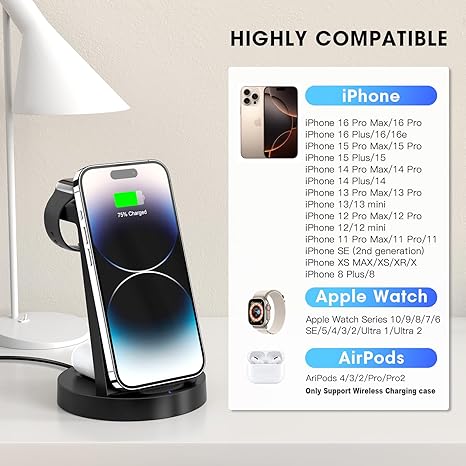 3 in 1 Charging Station for iPhone, Wireless Charger for iPhone 17 16e 16 15 14 13 12 11 X Pro Max & Apple Watch - Wireless Charging Station for AirPods 4 3 Pro